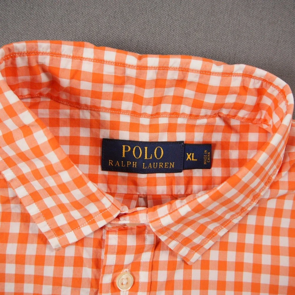 Youth Polo Ralph Lauren Gingham Plaid Long Vacation Costal Orange Shirt XL